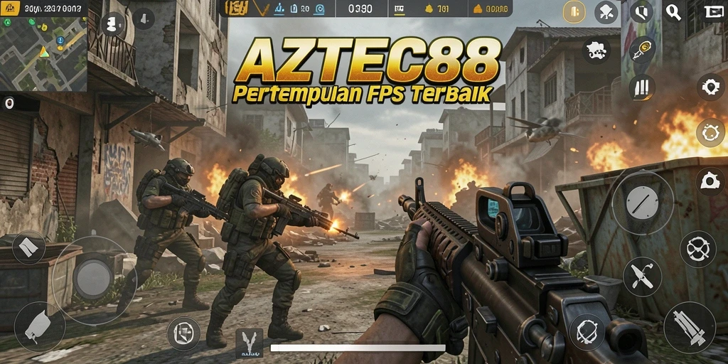 Tangkapan layar menunjukkan aksi intens dalam game FPS AZTEC88.