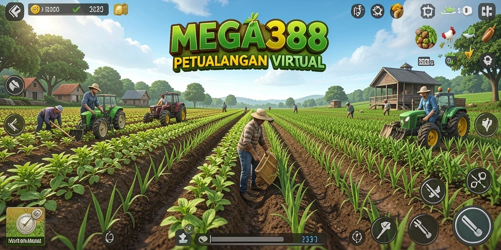 Screenshot MEGA388 menampilkan kebun yang indah dan aktivitas bertani yang seru.