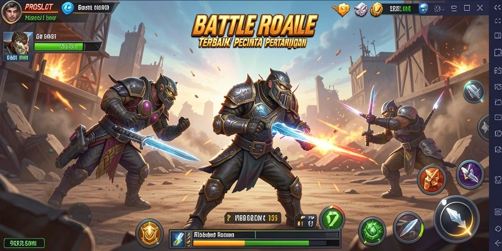 Tangkapan layar <strong>PROSLOT</strong> menunjukkan aksi perang Battle Royale yang intens.