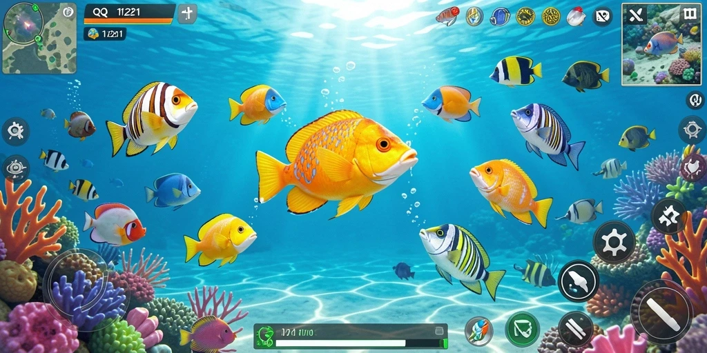 Tangkapan layar gameplay QQ1221 menampilkan aksi tembak ikan yang seru.