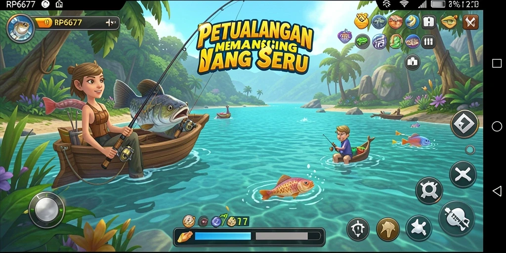 Screenshot gameplay RP6677 menampilkan momen menangkap ikan besar.