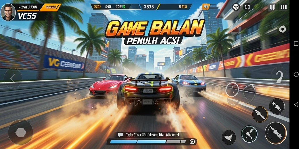 Screen utama menunjukkan aksi balapan mendebarkan di VC55.